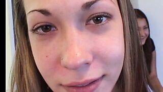 Brunette fresh-faced teen in net stocking deepthroats