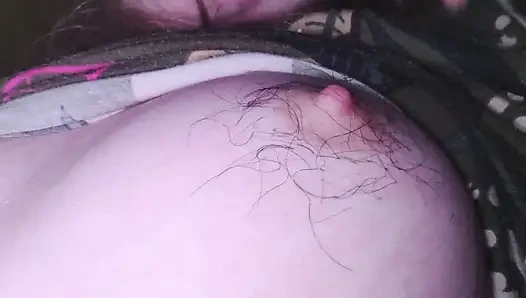 Stretching, pulling, pressing my hairy nipples