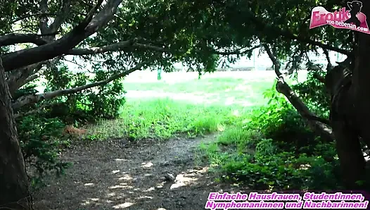 German chubby amateur sucks man cock in the park after flirting