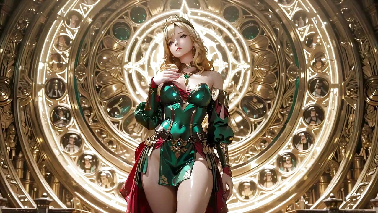 Rubia Ángel Reina! Sagrado arrodillado en una gran catedral, la túnica verde apenas esconde sus suaves curvas