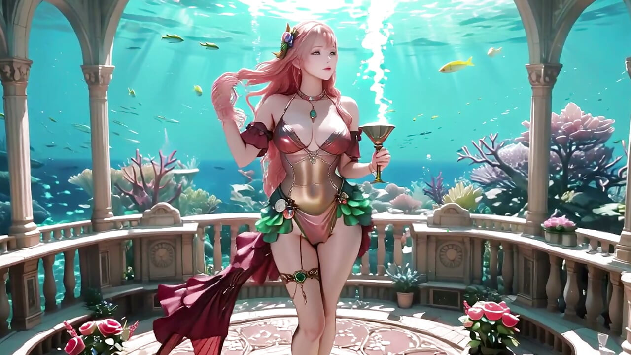 Deep Sea Fantasy! 분홍 머리 인어 여왕이 푸른 궁전에서 느긋하게 누워 있다