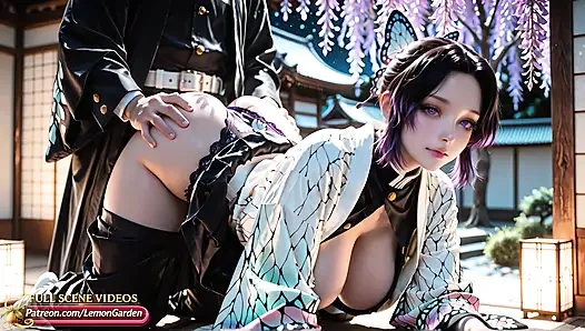 Shinobu Kocho fucks in a night garden with blooming wisteria. 3d Hentai Ai generated anime porn