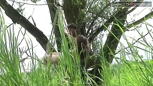 Hot girl gets bound in the bushes for a hard fuck later