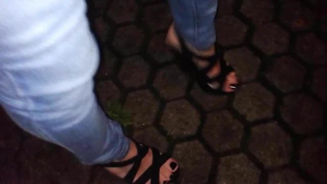 public cumshot and walking in 6inch platform sandals