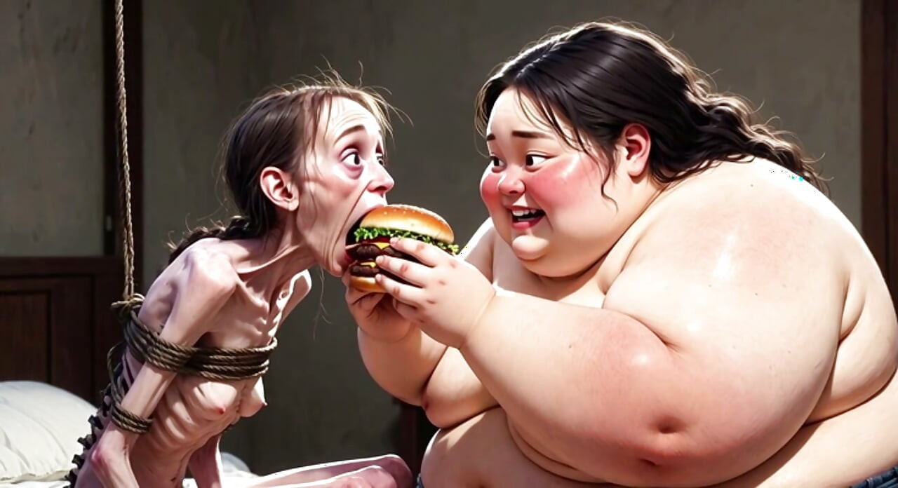 Skinny Girl Getting Fed by Huge Fat Woman - Contrast Feeding Fetish