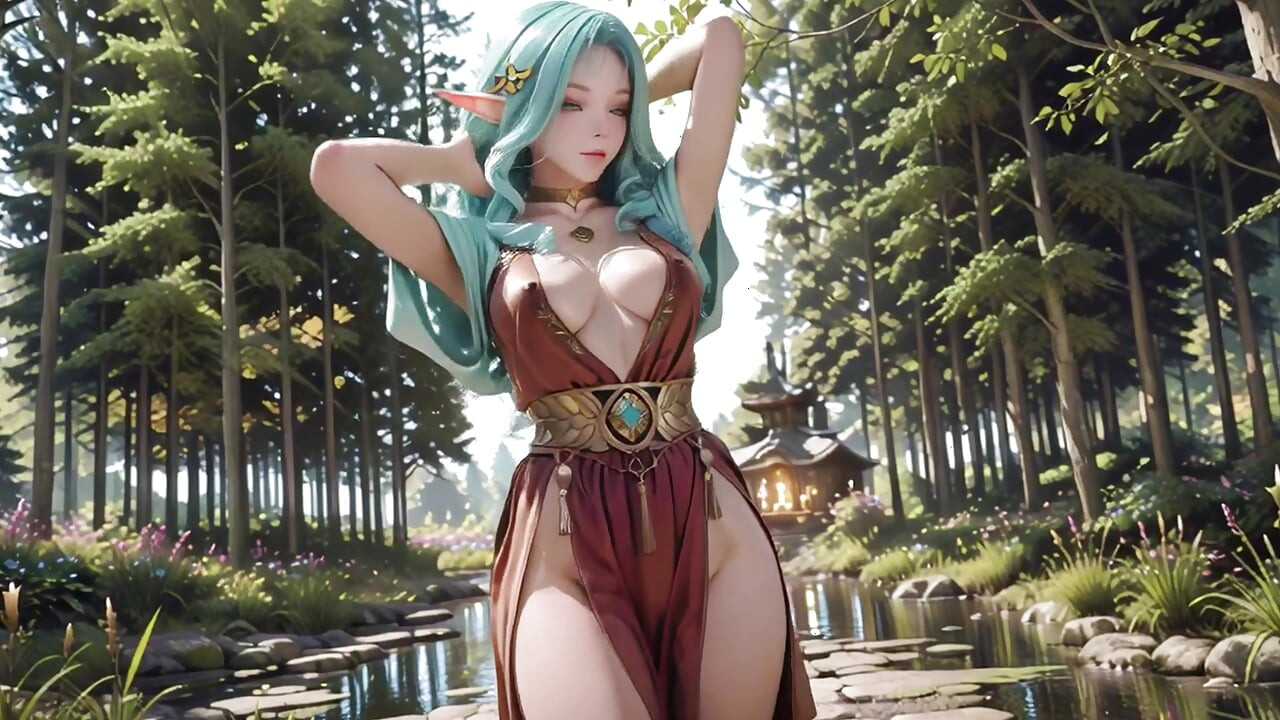¡Fantasía en el bosque! Mago de cabello verde y elfo azul en un paseo privado, arrodillados bajo la luz filtrada con varitas provocadoras.