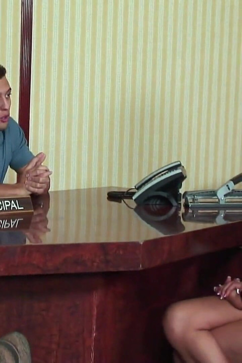 Long legged brunette teen gets slammed in the office