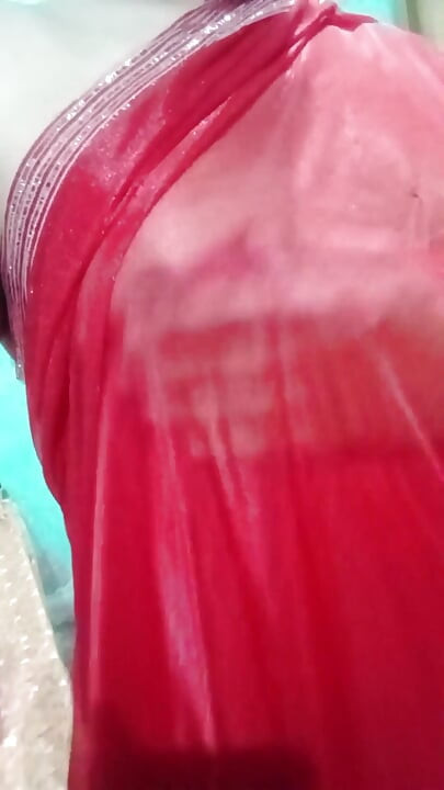 Indian Gay Crossdresser Bottom Gaurisissy Pressing Her Big Boobs and Feeling Horny in Red Saree with Heavy Jwellery