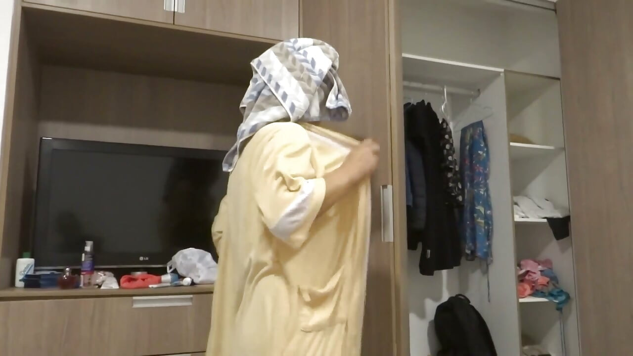Stepmom returns from the beach, undresses, pees, showers, and gets dressed while watching me jerk off