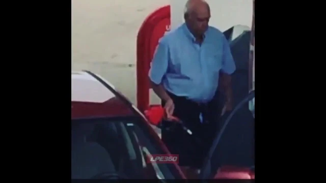 Old guy penis out at gas pump
