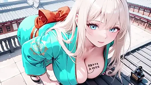 Blonde in a Green Kimono! Lazy Terrace Reading, off-shoulder Design Is Too Sinful!