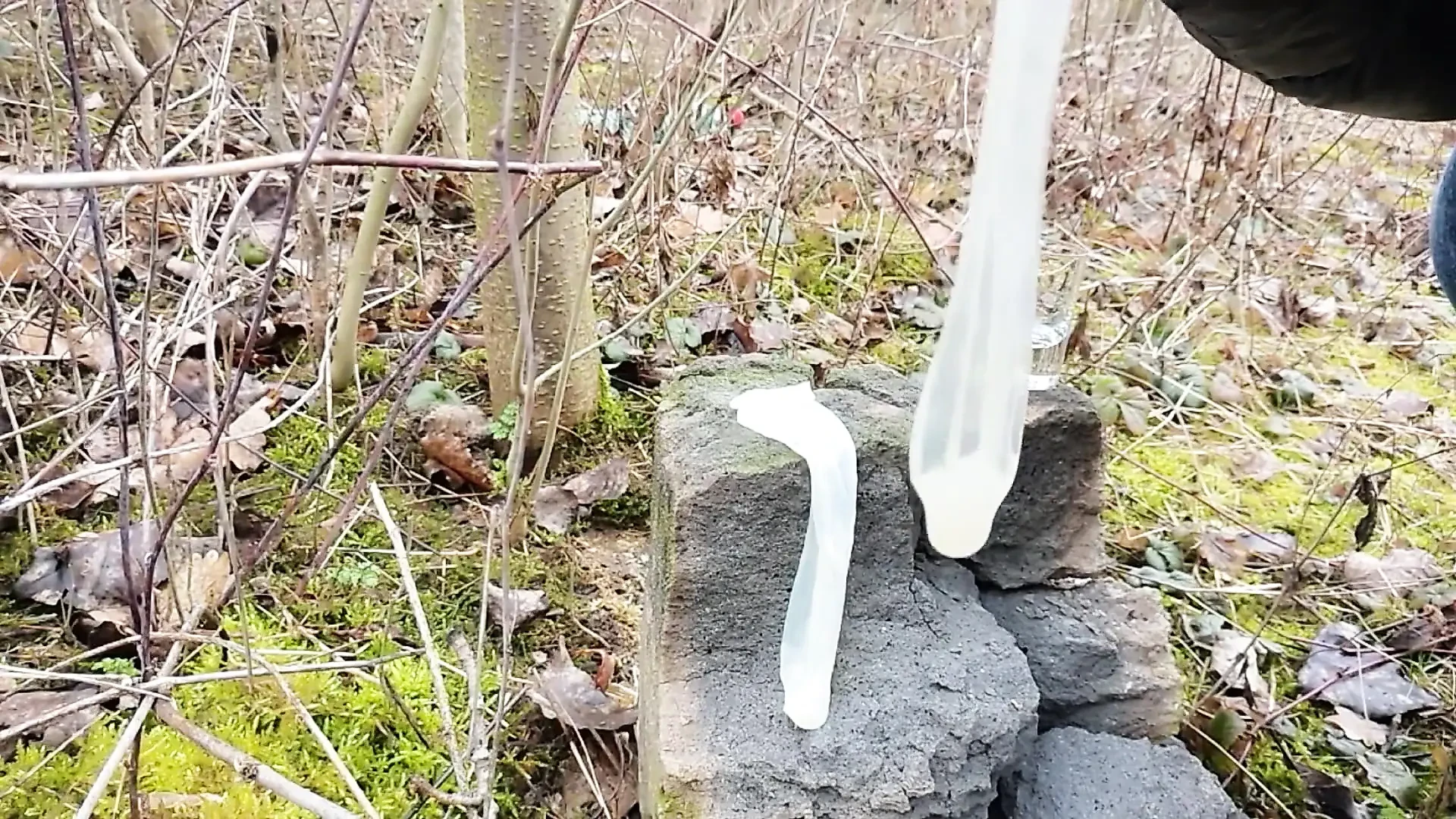 Making Cum from Two Filled Condoms after I was Fucked Outdoors and My
