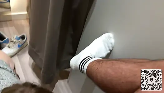 Naughty girl plays with cock in the middle of clothing store - Gets rewarded doggy in changing room