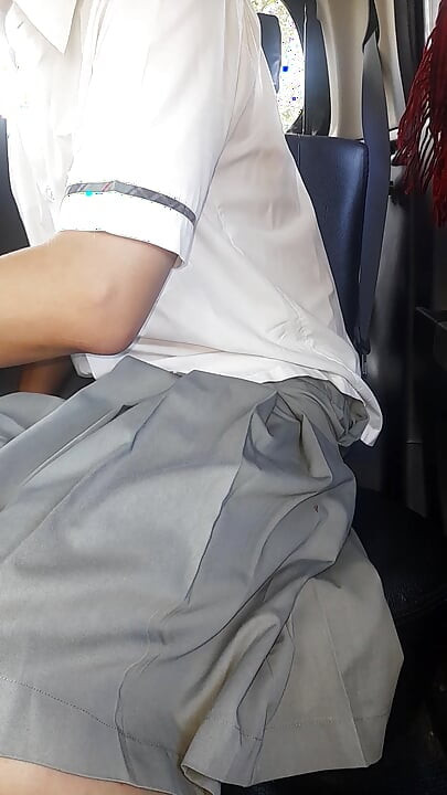 Asian Crossdresser Cum Wearing Grey School Girl Uniform