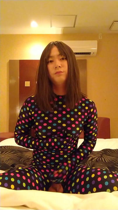 Japanese crossdresses masturbate wearing colorful morphsuit | Clip 1