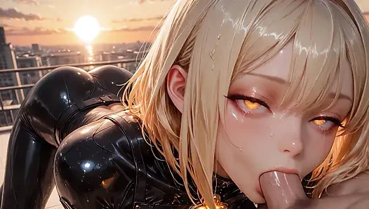 Vega Stone Holds Her Ground Above the City, Muscles Set, the Orange Sky Igniting Her Fierce Stare - Ai Generated