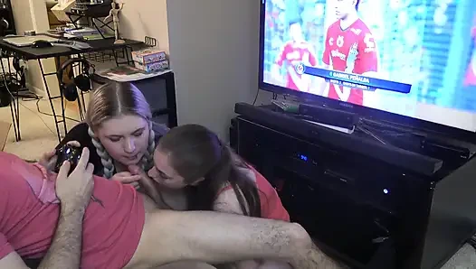 Double Blowjob While He Plays FIFA