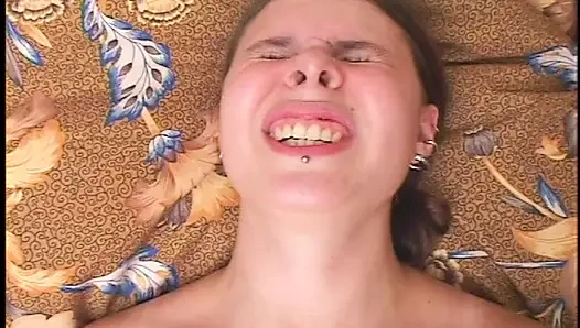 Tattooed babe gets her huge tits and bush screwed by two men with hard d...