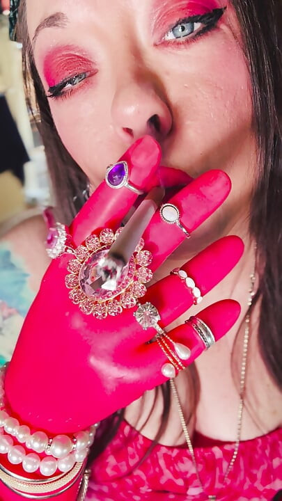 All In Pink! The Fabulous Smoker Tina Snua Wears Pink Latex Gloves & Rings & Smokes A cigarette For You