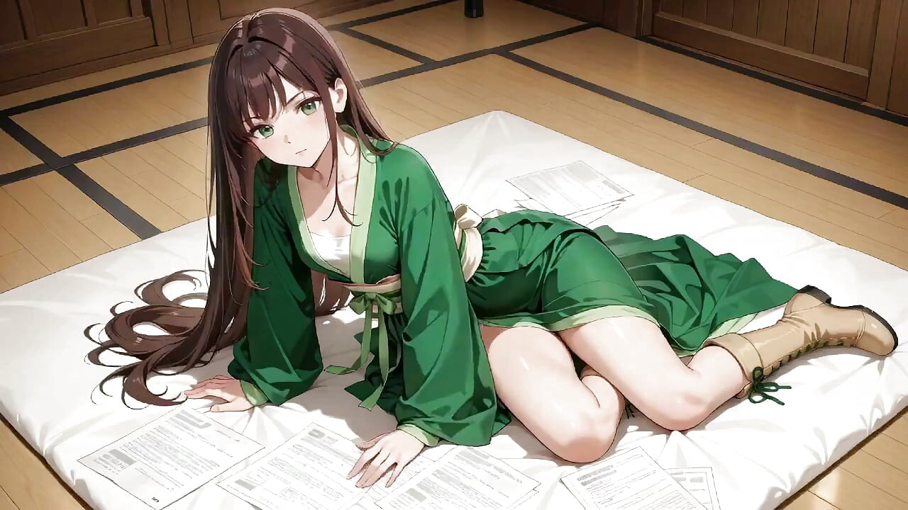 Quỳ trên tatami với chiếc váy ngắn, đôi mắt cô ấy mơ màng. Ánh nắng chiếu lên làn da ướt át khi cô ấy chuyển từ vẻ thanh thản sang quyến rũ.