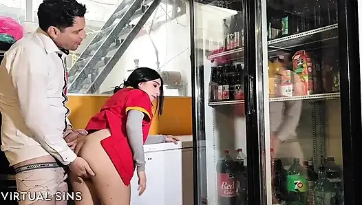 Boss fucks Oxxo cashier in the storeroom