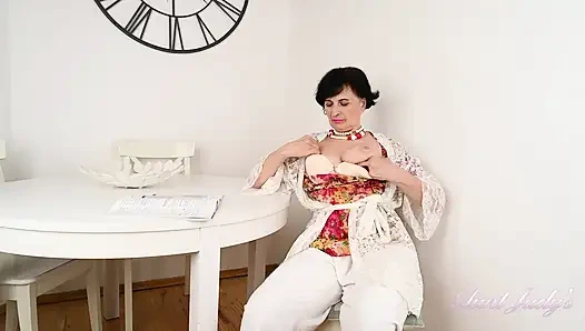 AuntJudys - 63yo Horny Mature Hairy GILF Minia Masturbates in the Kitchen