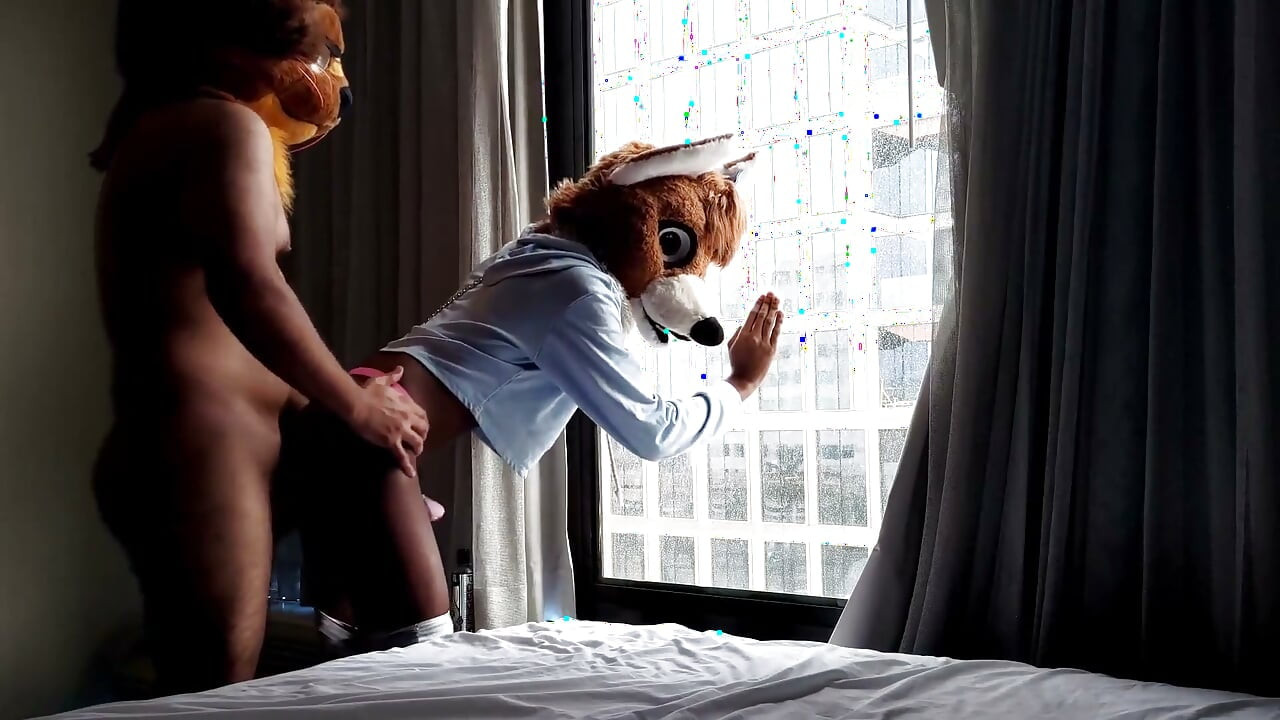Bareback Femboy Furry Fursuit Fuck in Front of Window