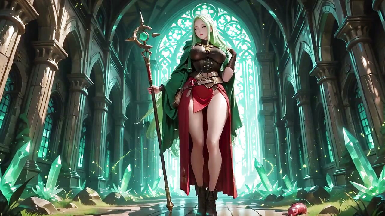 Under the Ethereal Blue Glow of a Gothic Cathedral, She Kneels with Her Staff, Eyes Locked on You.