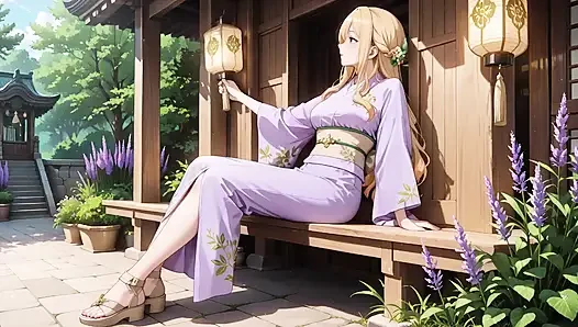 Pirang di Lavender! Andouf berlutut di bawah gerbang torii merah, andouf-nya berkibar di breeze