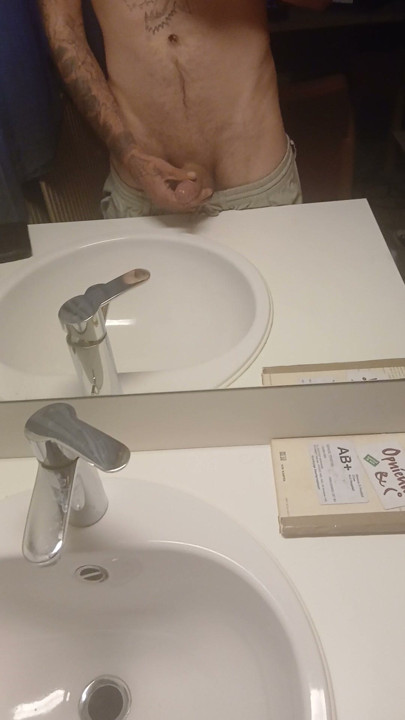 Masturbating my dick in front of the mirror for her pleasure watching me stroke my cock for you as i am horny as fuck