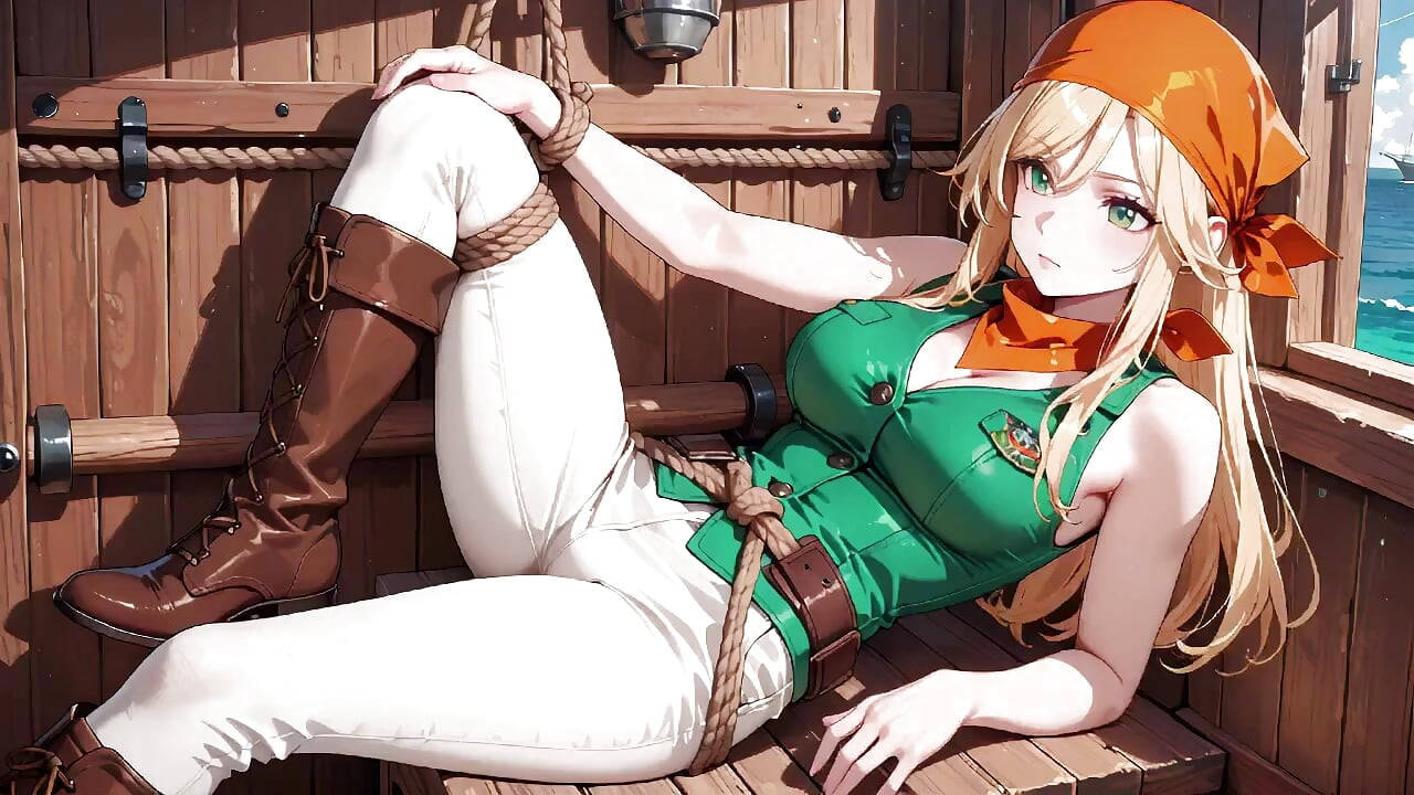 Blonde Pirate Captain! Green Uniform & Rough Ropes on a Sunny Deck. Languid Poses, Long Legs Exposed, and That Teasing Gaze