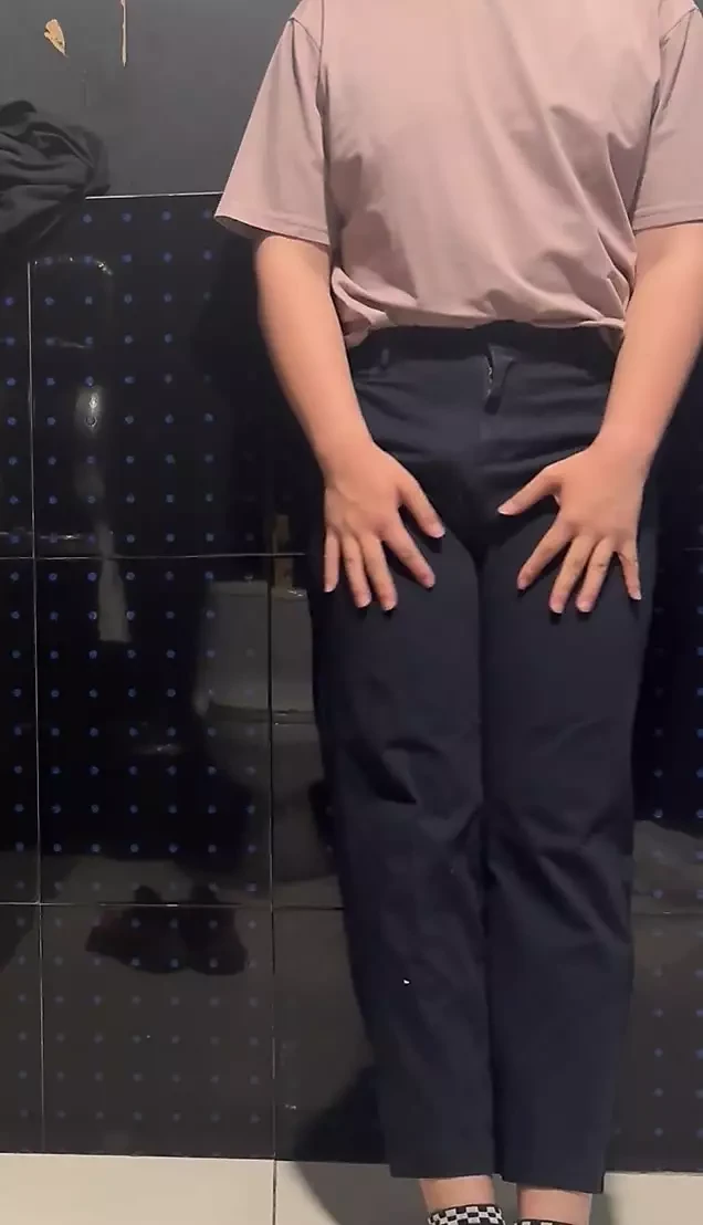 tiny dick sissy wearing women navy blue wide leg pants jerk off