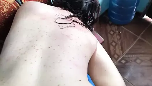 The neighbor gets out of the shower and starts touching herself by squirting, but I give her her dose of cockcillin