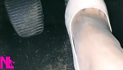 Revving and Crazy Pedal Pumping in White Stockings and White High Peeptoed Heeled Sandals