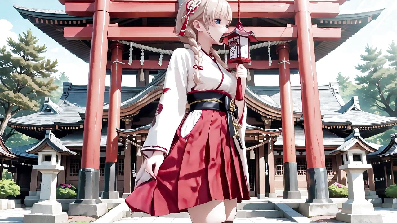 Red & White Miko! Forbidden Encounter at the Shrine, Golden Hair Trembling Under Sacred Robes, From Solemn Kneel to Blurry Gaze