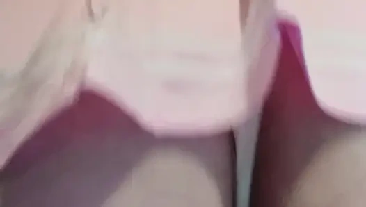 Thick BBW rides big realistic dildo in a pink babygirl cheer dress