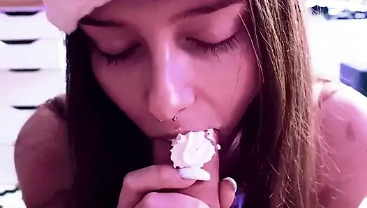 Cute Girl Whipped Cream Blowjob Close up