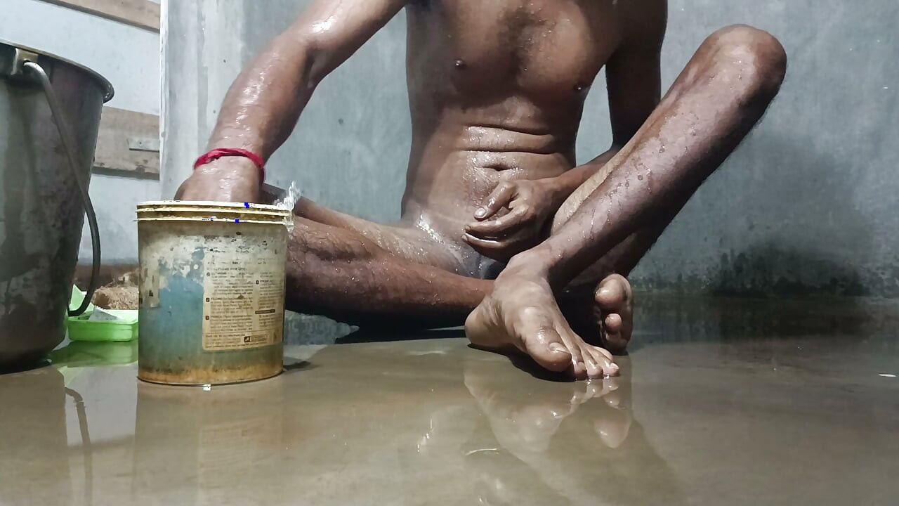 Mature man shower in bathroom village style