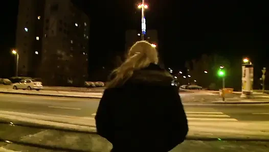 Sexy horny blonde sucks his cock outdoor in POV