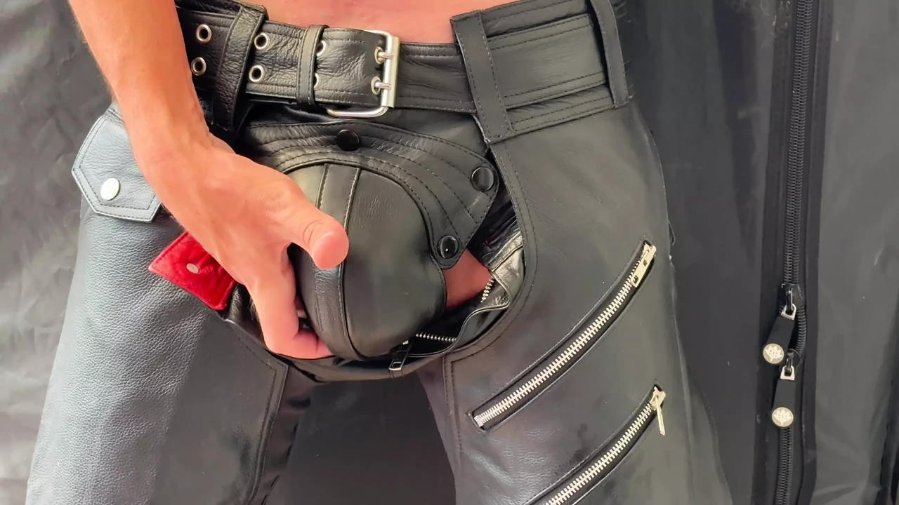 Leather daddies bulge and hard cock stroking