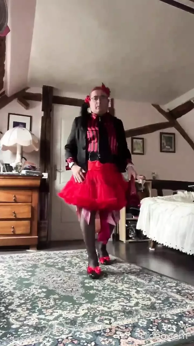 In an outfit with a red petticoat for a night out