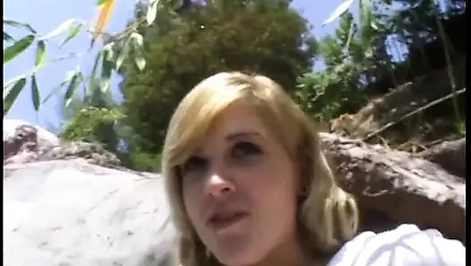 Hot skinny chick gets her mouth filled with cock and cum in the sun
