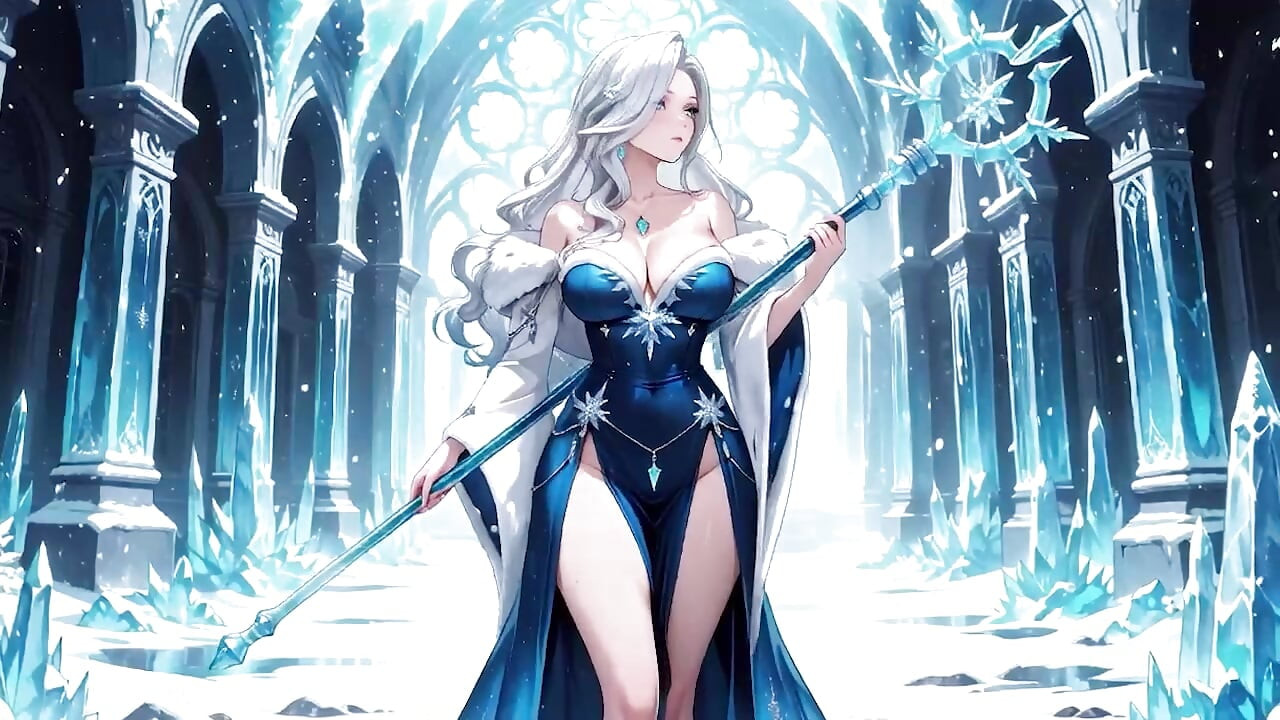 Mage de glace aux cheveux argentés dans un crystal hall ! Casting magic tout en regardant sans effort froid, mais ses lèvres tremblent.