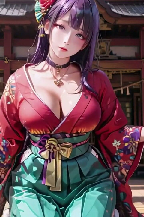 Pagi pribadi gadis rambut ungu kimono! Bentrokan merah & hijau gila.