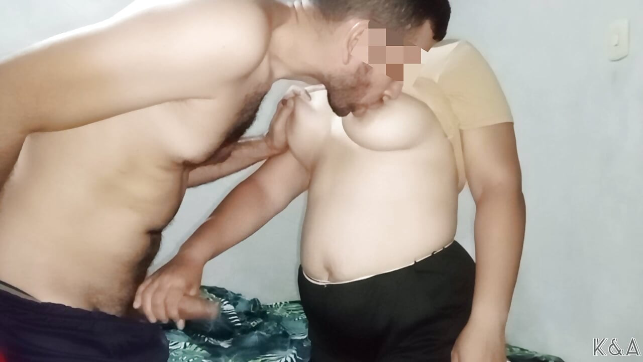 We almost get caught: We are interrupted but I keep sucking my mature wife's big natural tits