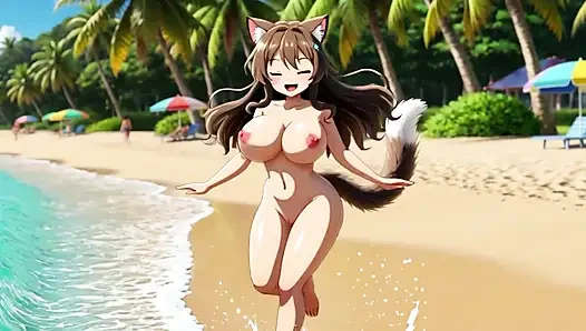 Две великолепные сладострастные Neko девушки расслабляются полностью обнаженными вместе в райском солнечном тропическом пляже