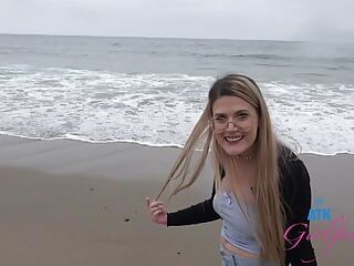 Hanging out with amateur babe Riley Rose on the beach and getting head on the road POV