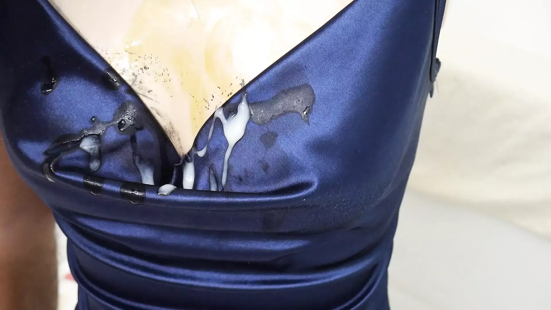 Navy Satin Cowl Neck Dress Getting Used Properly - To Catch CUM!
