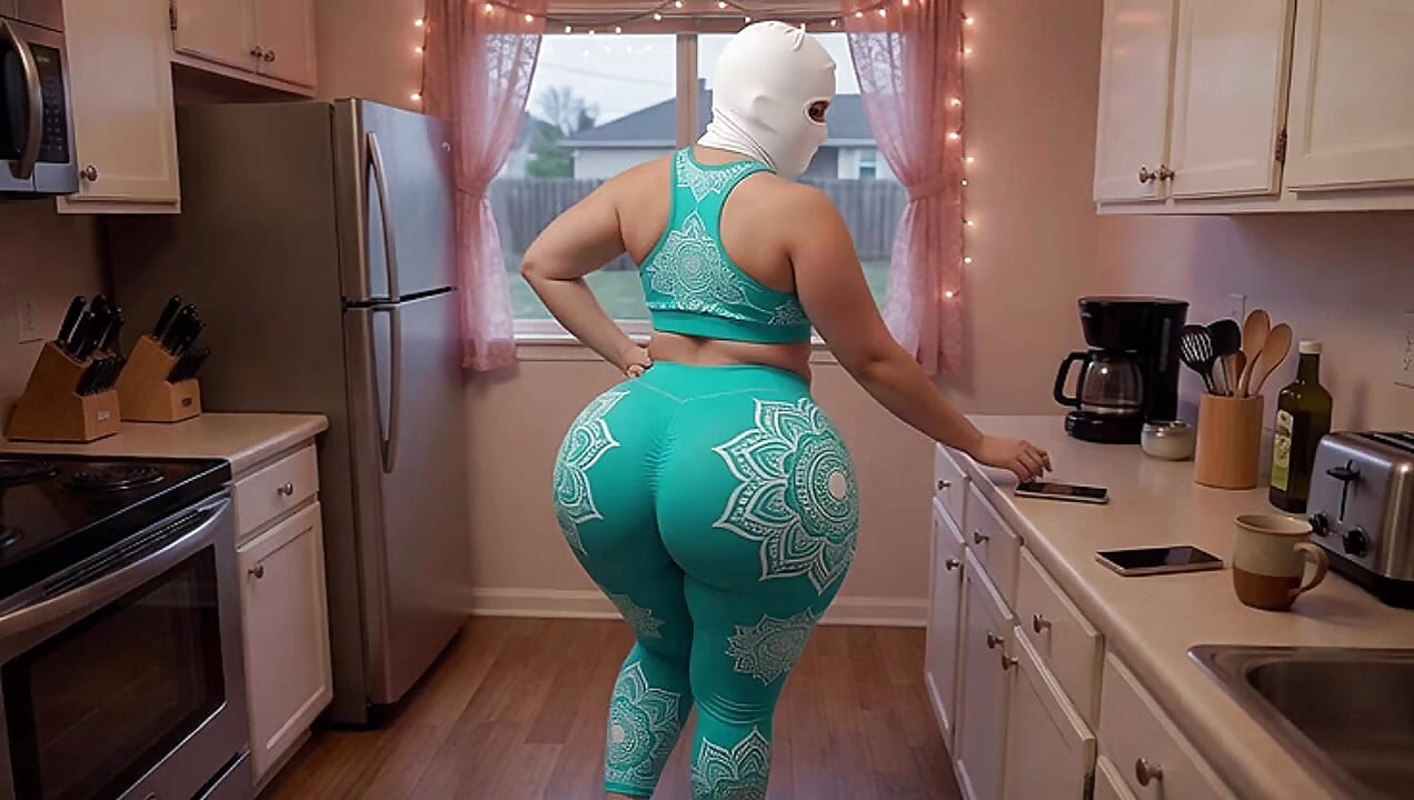 Madrasta fazendo ioga na cozinha