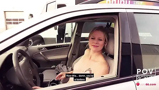 German Blonde Babe drives Naked Through the City + Public Fuck